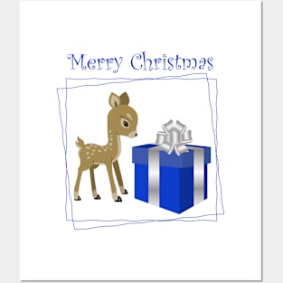 Merry Christmas deer with blue gift box Posters and Art